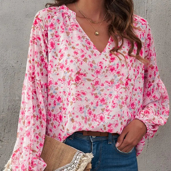 Floral Notched Baloon Sleeve Blouse