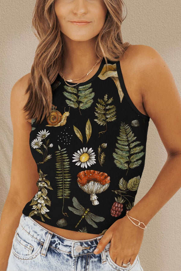 Printed Round Neck Wide Strap Tank