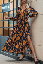 Split Printed Surplice Long Sleeve Midi Dress - Ariel Splash