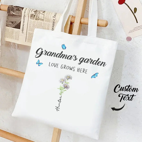 Grandma's Garden Tote Bag with Personalized Names and Birth Month Flowers