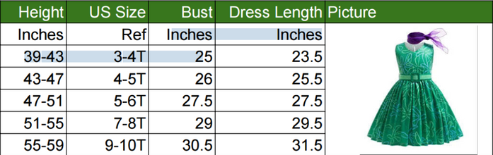 Kids Inside Out Joy & Disgust Costumes - Size Chart