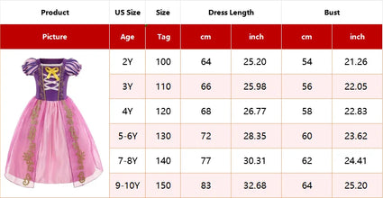 Kids Rapunzel Princess Dress Size Chart