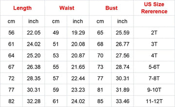 Kids Jasmine Princess Dress size reference chart