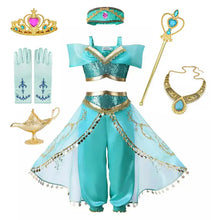 Blue Jasmine Dress with Flowing Fabric and Golden Accessories for Girls