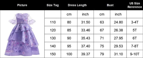 Kids Encanto Isabela Princess Dress Size Chart