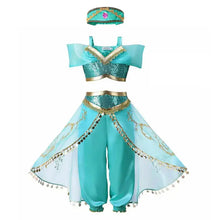 Kids Jasmine Princess Dress with Blue and Gold Accents - Front View