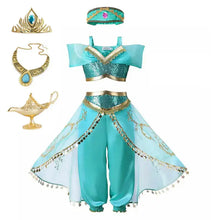 Blue Jasmine Dress with Flowing Fabric and Golden Accessories for Girls