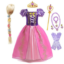 Rapunzel Princess Dress for Girls - High-Quality Purple Puff Sleeve with Wig, wand, necklace, earings, bracelet, and gloves