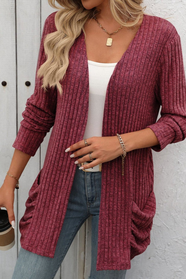 Open Front Long Sleeve Ribbed Cardigan 