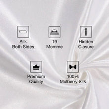 Image explains Pillow case is silk on both sides, 19 Momme, has a hidden closure, is premium quality and is made from 100% mulberry silk