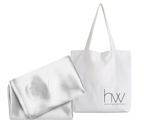 Hairworthy Hairembrace Silk Pillow Case with canvas tote.  Color White.