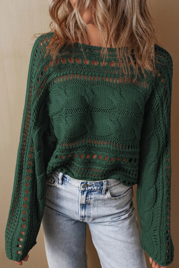 Cable-Knit Openwork Long Sleeve Sweater Ariel Splash